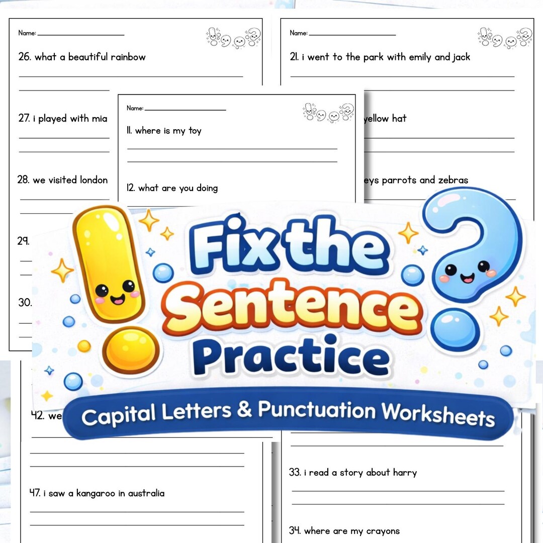 Fix the Sentence Worksheets | Capitalization, Punctuation Practice (PDF ...