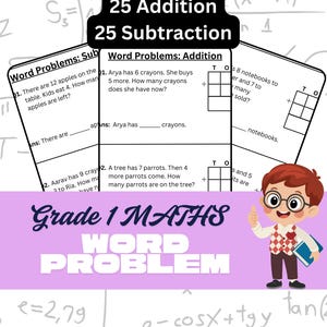 May include: A Grade 1 Maths word problem workbook with addition and subtraction exercises. The cover features a cartoon boy giving a thumbs up. The workbook includes problems with apples, crayons, parrots, and notebooks.