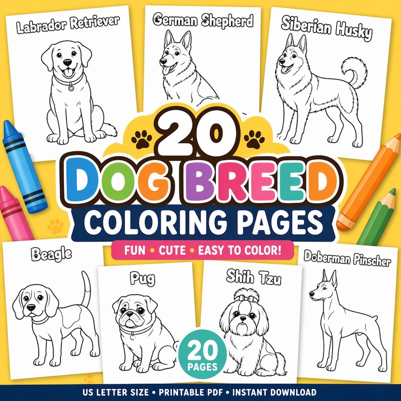 20 Dog Breeds Coloring Pages Printable, Kids Animal Activity Book (PDF ...