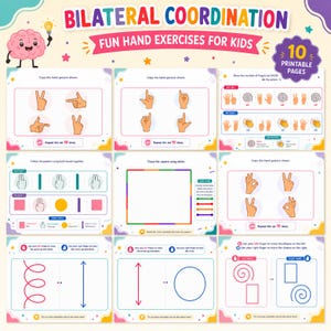 Può includere: Un set di 10 pagine stampabili intitolate Bilateral Coordination Fun Hand Exercises for Kids, con illustrazioni colorate di gesti delle mani, modelli di tracciamento, forme e testo didattico per eseguire varie attività di motricità fine.