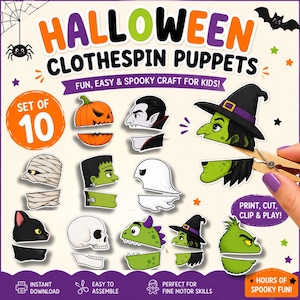 May include: A set of 10 Halloween clothespin puppets featuring printed characters including a pumpkin, vampire, witch, mummy, Frankenstein monster, ghost, black cat, skull, green monster, and creature. The kit includes instructions to print, cut, and assemble.