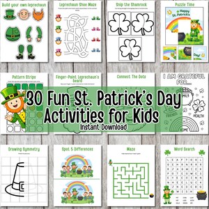 Könnte beinhalten: Eine Sammlung von Arbeitsblättern zum Thema St. Patrick's Day für Kinder. Die Blätter enthalten Labyrinthe, Wortsuchrätsel, Zeichenaktivitäten und mehr. Der Titel "30 Fun St. Patrick's Day Activities for Kids" ist deutlich sichtbar.