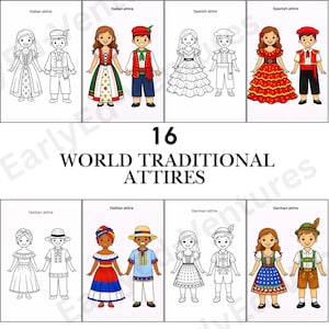 Könnte beinhalten: Eine schwarz-weiße Illustration von 16 traditionellen Trachten aus aller Welt. Das Bild zeigt verschiedene kulturelle Outfits, darunter italienische, spanische, haitianische und deutsche Trachten. Der Text "WORLD TRADITIONAL ATTIRES" ist deutlich zu sehen.