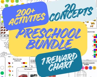 Lot de feuilles d'exercices pour la maternelle | Pack imprimable de plus de 200 activités d'apprentissage + tableau des récompenses (téléchargement numérique)