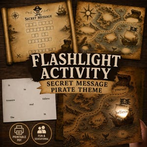 May include: A pirate-themed flashlight activity set featuring aged parchment-style maps with illustrations of ships, treasure chests, and compasses. The set includes a secret message grid, a word sheet, and a map with a glowing light effect.