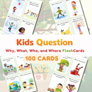 May include: A set of 100 flashcards with colorful illustrations and questions for kids. The cards feature questions like "Why are the kids standing in a line?" and "What is the girl giving the dog?" The title "Kids Question" is displayed in large orange letters.