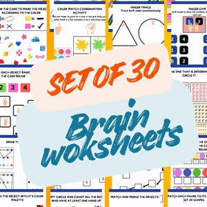 May include: A collection of 30 brain worksheet pages with colorful illustrations and educational activities. The worksheets include color matching, finger tracing, and number recognition exercises. The title "Set of 30 Brain Worksheets" is displayed prominently.