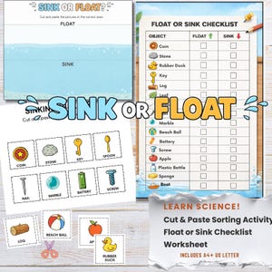 May include: A colorful educational worksheet titled "Sink or Float?" features a checklist with objects like a coin, stone, and rubber duck. Includes cut-out images for a sorting activity. The text "Learn Science!" is also visible.