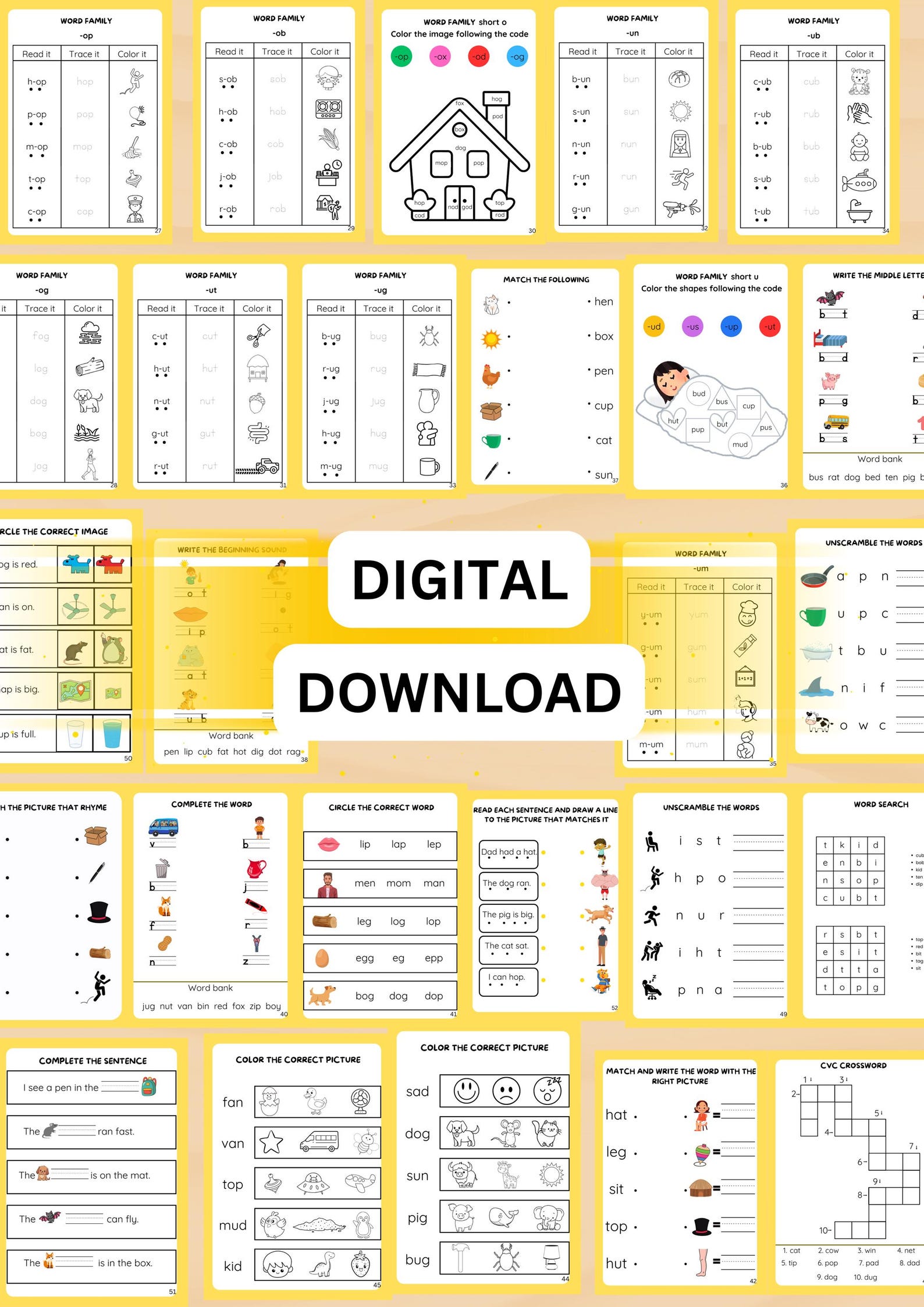 52 CVC Words Worksheets Bundle: Phonics, Reading (digital Download ...