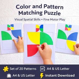 May include: A colour and pattern matching puzzle with the text "Color and Pattern Matching Puzzle". The puzzle features colourful geometric shapes in green, blue, yellow, and red. The image also includes the text "Visual Spatial Skills • Fine Motor Play".