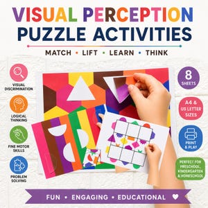 Può includere: Un set di attività di puzzle di percezione visiva con otto fogli in formato A4 e US Letter. Le pagine stampabili includono forme geometriche colorate, motivi e griglie progettate per attività di abbinamento, apprendimento e riflessione.