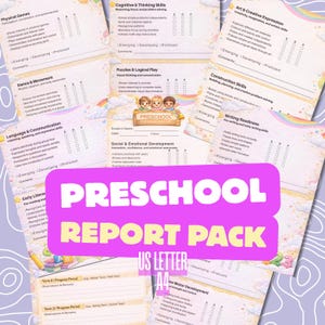 May include: A collection of preschool report cards with colorful illustrations and text. The report cards cover various skills, including cognitive, social, and creative development. The words "Preschool Report Pack" are prominently displayed in a pink banner.