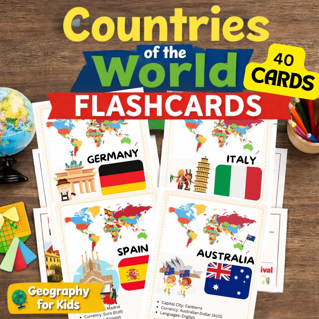 World Countries Flashcards | 40 Geography Learning Cards (PDF Download