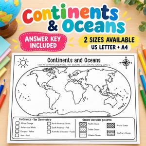 Arbetsblad om kontinenter och hav, målarbok för världskartor, utskrivbar geografi med facitlista