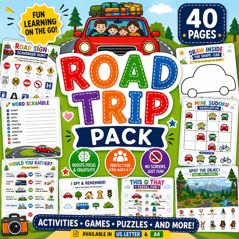 Kids Road Trip Activity Pack | 40 Printable Games, Travel Binder ...