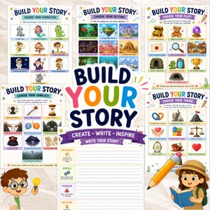 Könnte beinhalten: Ein farbenfrohes Set von Lehrplakaten mit dem Titel "Build Your Story". Die Poster zeigen Illustrationen von Charakteren, Schauplätzen, Handlungen, Konflikten und Themen, um das kreative Schreiben anzuregen. Enthält einen Abschnitt mit Schreibanregungen.