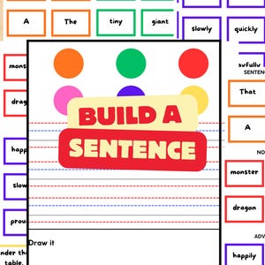 May include: Educational chart with the words "BUILD A SENTENCE" in red. The chart includes sentence starters, adjectives, and adverbs in boxes. There are also spaces for drawing and writing sentences.