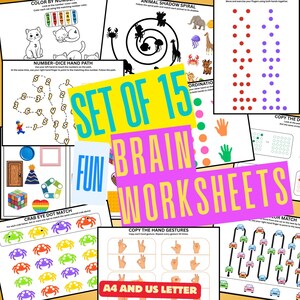 May include: A set of 15 brain training worksheets featuring diverse activities. The worksheets include tasks like colour-by-number, matching, and pattern recognition. The text "SET OF 15 BRAIN WORKSHEETS" is visible. The worksheets are printed on A4 and US Letter paper.