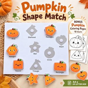 May include: A Pumpkin Shape Match educational activity sheet featuring orange pumpkin-themed shapes with faces. The board includes labels for diamond, pentagon, heart, star, circle, square, triangle, and rectangle. Includes 10 bonus coloring pages.