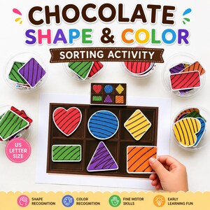 May include: A chocolate shape and colour sorting activity set featuring a brown tray with six compartments, various colourful geometric shapes with dark brown drizzle patterns, and four clear bowls containing additional shape pieces.