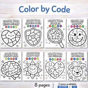 Op de afbeelding: Set van acht kleurplaten met de tekst 'Color by Code'. Elke pagina heeft een ander ontwerp, zoals een hart, schild, vergrootglas en smiley. Verkrijgbaar in US Letter- en A4-formaten. De tekst 'Color by Code' staat bovenaan.