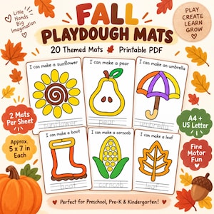 May include: A set of 20 printable autumn-themed playdough mats in a PDF format, featuring illustrations of a sunflower, pear, umbrella, boot, corncob, and leaf. Each mat measures 12.7 by 17.8 cm and includes text prompts like I can make a sunflower.