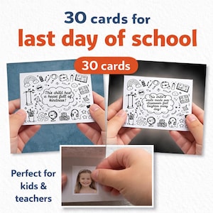 Puede incluir: Tarjetas para el último día de clases. La imagen muestra dos tarjetas con ilustraciones en blanco y negro y texto. El texto de las tarjetas dice: "¡Este niño tiene un corazón lleno de bondad!" y "¡La sonrisa de este niño hizo que nuestra clase se sintiera más brillante cada día!"