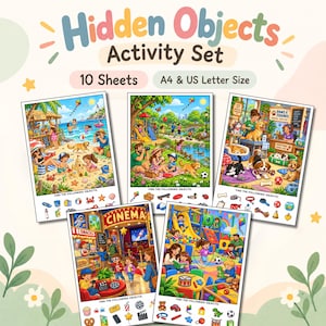 May include: A Hidden Objects Activity Set featuring 10 sheets in A4 and US Letter size. The set includes five colorful illustrated scenes depicting a beach, park, animal shelter, cinema, and playroom, each with a list of items to find.
