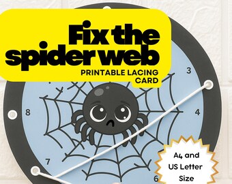 Op de afbeelding: Een printbare rijgkaart met een spinnenwebontwerp en een illustratie van een verdrietige spin. De kaart heeft een blauwe achtergrond, een zwarte rand en een wit rijgkoord. Tekst op de kaart luidt "Fix the spider web". Inclusief A4- en US Letter-formaten.