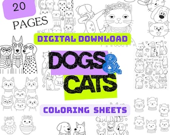 Cats & Dogs Coloring Pages for Kids – 20 Printable Pet Designs (Digital Download)
