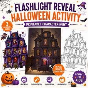 May include: A Flashlight Reveal Halloween Activity printable character hunt set featuring three pages: a colorful haunted house with characters, a dark house for flashlight revealing, and a black and white line art version for coloring.
