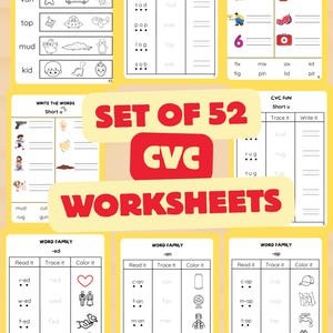 52 CVC Words Worksheets Bundle: Phonics, Reading (Digital Download)