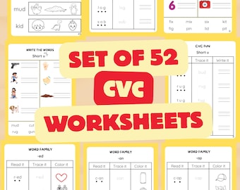 52 CVC Words Worksheets Bundle: Phonics, Reading (Digital Download)
