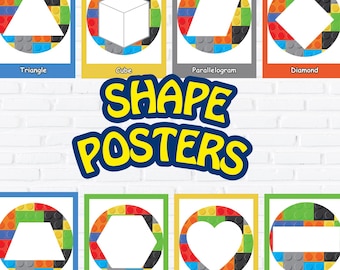 May include: Shape posters featuring various geometric shapes like triangles, cubes, and hearts. Each shape is outlined with colorful toy bricks, with the shape's name printed below. The central text reads "Shape Posters".