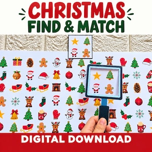 May include: A Christmas Find & Match digital download activity sheet featuring a grid of colourful holiday icons including reindeer, gingerbread men, Santa, and trees. A handheld magnifying glass tool highlights a square section of the sheet.