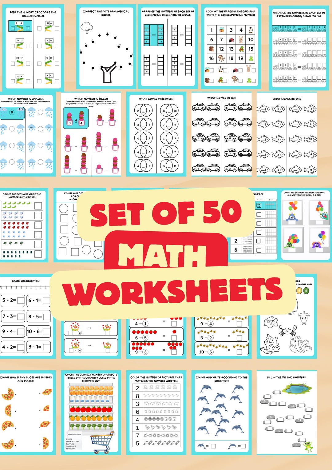 50 Math Worksheets for KG Grade 1 | Early Numeracy Practice (digital ...