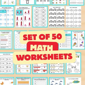Puede incluir: Un conjunto de 50 hojas de trabajo de matemáticas para niños. Las hojas de trabajo cubren temas como el reconocimiento de números, el conteo y la aritmética básica. Las páginas están ilustradas y las instrucciones son claras.