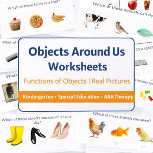 May include: Educational worksheets with questions about objects, animals, and food. The worksheets include images and text, with the title "Objects Around Us Worksheets". The worksheets are designed for kindergarten and special education.