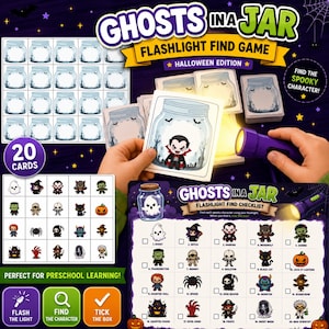 May include: Ghosts in a Jar Flashlight Find Game Halloween Edition includes 20 cards featuring illustrations of jars with hidden spooky characters, a checklist, and a purple flashlight. The game involves using the light to reveal characters.