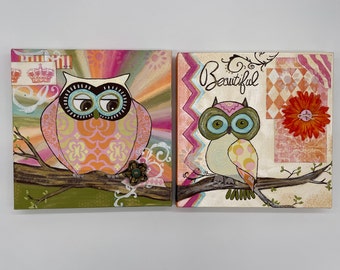 Owl Beautiful 12x12 Canvas Wall Art, pair