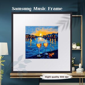 Romantic Sunset Wine Art – Impressionist Painting of Wine Glasses by Waterfront – Warm Sunset Glow Wall Decor for Dining or Living Room