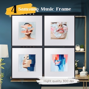 May include: Four digital art prints in black frames, each featuring a different abstract portrait. The prints are arranged in a grid of two rows and two columns. The top left print features a woman's face with a blue and white abstract design over her eyes. The top right print features a woman's face with a pink and white abstract design over her face. The bottom left print features a woman's face with a blue and white abstract design over her face. The bottom right print features a woman's face with a blue and red abstract design over her face. The text "Hight quality 300 dpi" is visible at the bottom of the image.