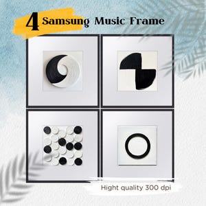 May include: Four black and white abstract art prints in square frames. The prints feature geometric shapes, circles, and a pattern of black and white circles.