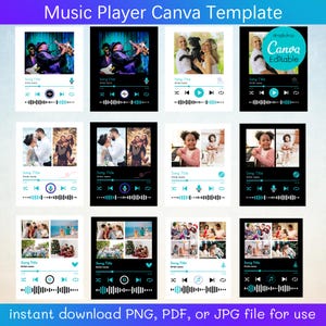 Puede incluir: Una plantilla de Canva para crear gráficos de reproductor de música. La plantilla presenta un esquema de color azul y negro con un botón de reproducción, un control de volumen y una barra de progreso. La plantilla se puede personalizar con fotos y texto.