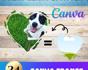 May include: A black and white dog with a happy expression is pictured in a heart-shaped frame made of green grass. The image is a Canva template for creating custom photo frames. The text "PAINT HEART SPATTER" and "Canva" are visible at the top of the image. The text "24 CANVA FRAMES" is visible at the bottom of the image.