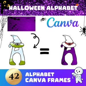 Può includere: Cornici per alfabeto di Halloween Canva con uno sfondo viola e un design a ragnatela. La lettera A è mostrata in due stili diversi, uno con un contorno verde e uno con un contorno viola. Il numero 42 è mostrato in un cerchio dorato. Il testo "Alphabet Canva Frames" è mostrato in lettere bianche su uno sfondo viola.
