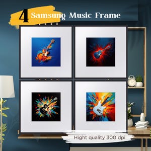 May include: Set of four black framed prints featuring abstract colorful backgrounds with electric guitars. The text "Samsung Music Frame" is displayed at the top of the image.