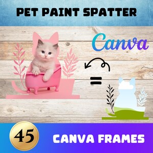 Puede incluir: Un conjunto de 45 marcos de Canva con un gatito blanco en una bañera rosa con hojas verdes y el texto "Canva" en degradado azul. Los marcos están diseñados para usar con efectos de salpicaduras de pintura para mascotas.