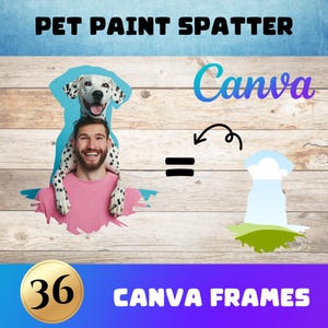 May include: A Dalmatian dog is sitting on a person's shoulders. The image is surrounded by a blue paint splatter effect. The text "Canva" is in the upper right corner of the image. The text "36 Canva Frames" is at the bottom of the image.