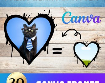 May include: A set of 30 Canva frames featuring a paint splatter heart design. The frames are ideal for adding a unique and creative touch to your photos and designs. The text "PAINT HEART SPATTER Canva" is displayed at the top of the image.